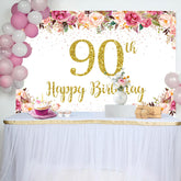 Lofaris Pink Floral Glitter Gold White 90th Birthday Backdrop
